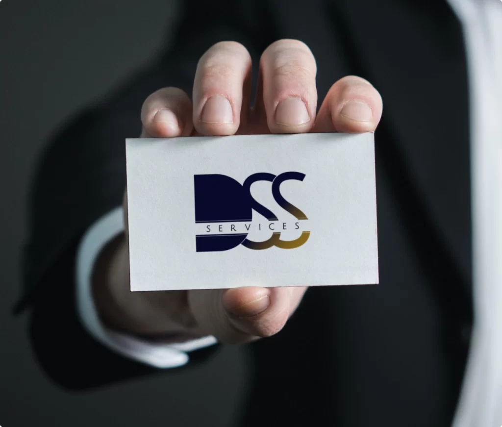 dss-about-us-01 A business card with DSS Services logo. Page About us.